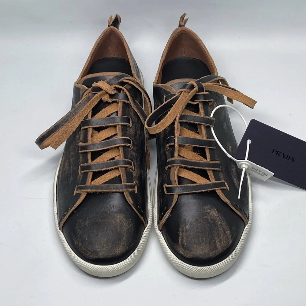 Prada Distressed Low-Top Leather Sneakers size 38.5 - Picture 6 of 16